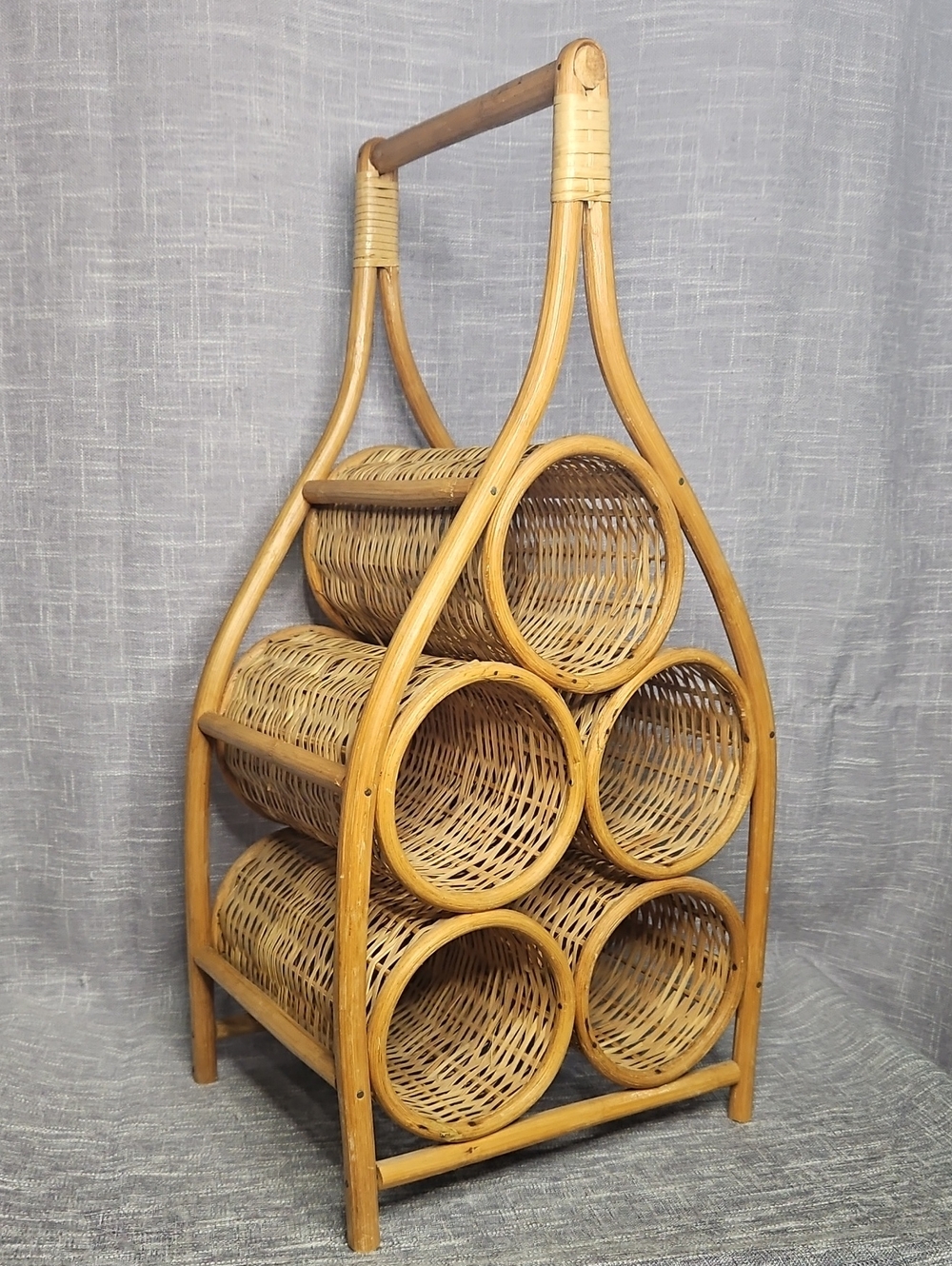 Vintage 1970s Bohemian Bamboo & Woven Rattan 5-Bottle Caddy